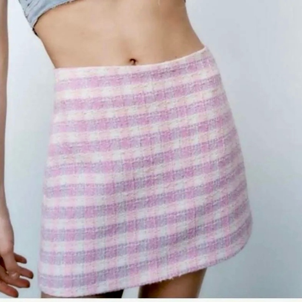 Zara Tweed Pastel Plaid Mini Skirt Size Small Pink Purple Work Wear Brunch